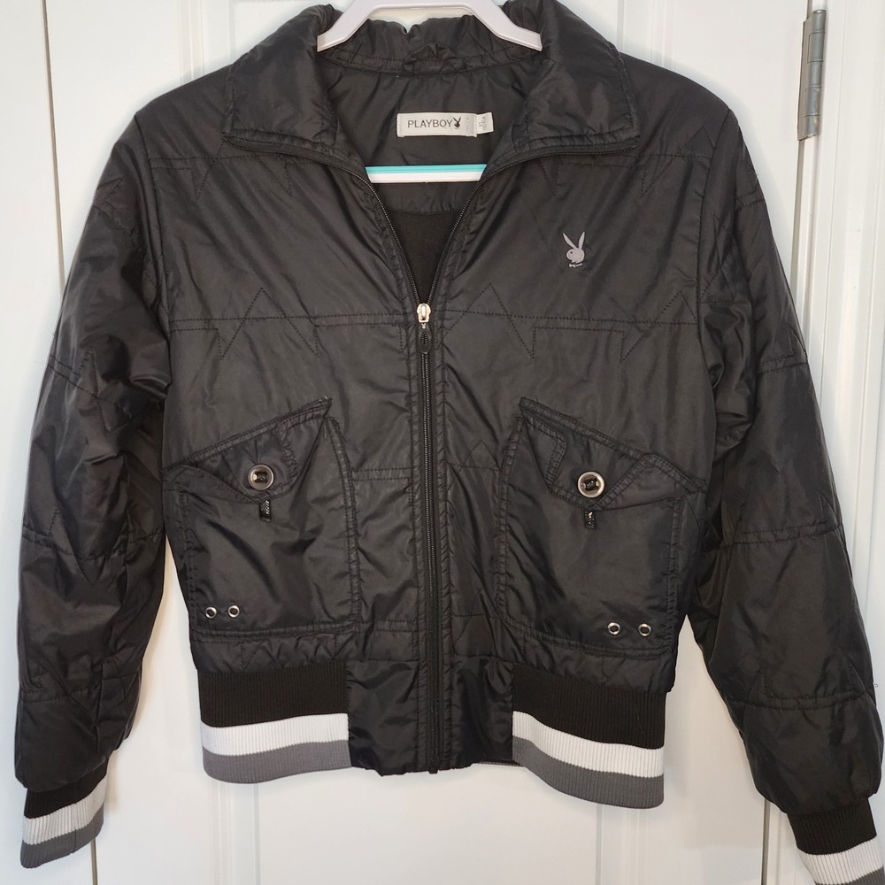 Playboy Jacket Black Bomber Style Quilted Rabbit Logo Patches Women's